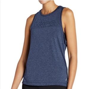 NWT ASICS Muscle Tank Spellout Logo Blue Cut Out Back Women’s Small